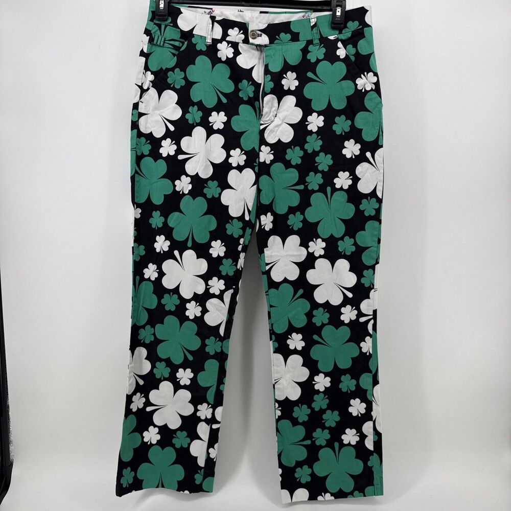 Royal & Awesome Men's Shamrock Floral Pants 38W Black/Green/White Flat Front